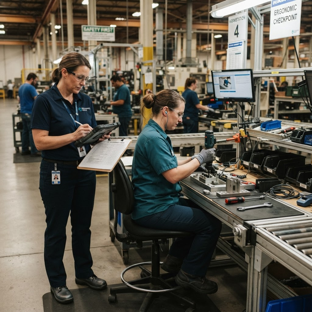 An occupational health professional conducting a workplace assessment at an industrial workstation